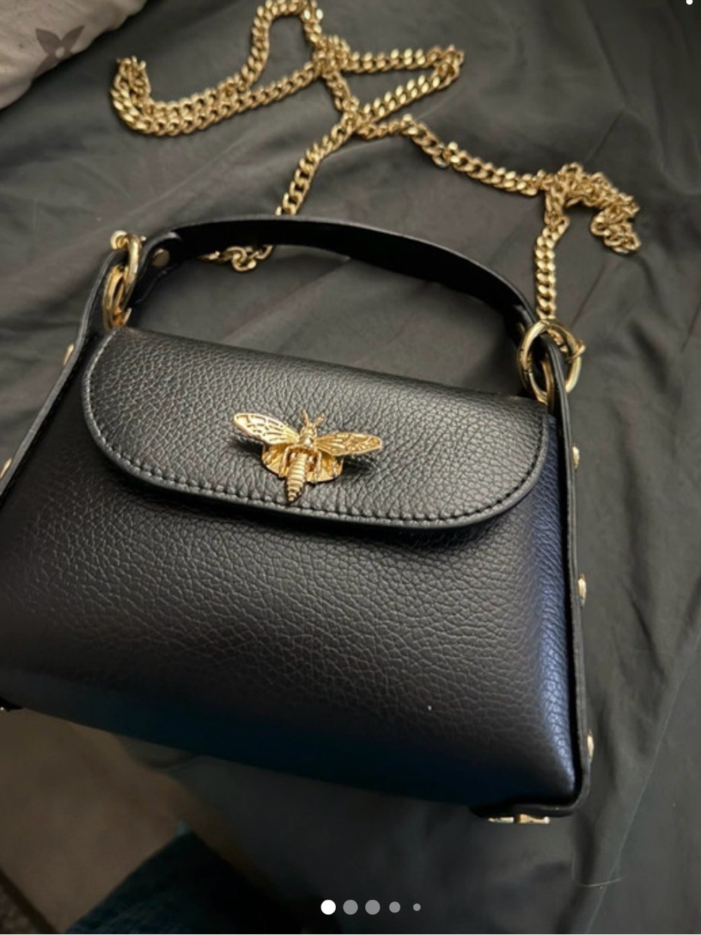 Black Leather Crossbody Bag with Gold Bee Accent